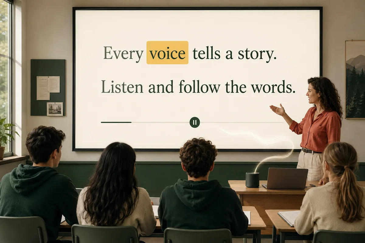 A teacher displays English text on a classroom screen as students follow the highlighted word