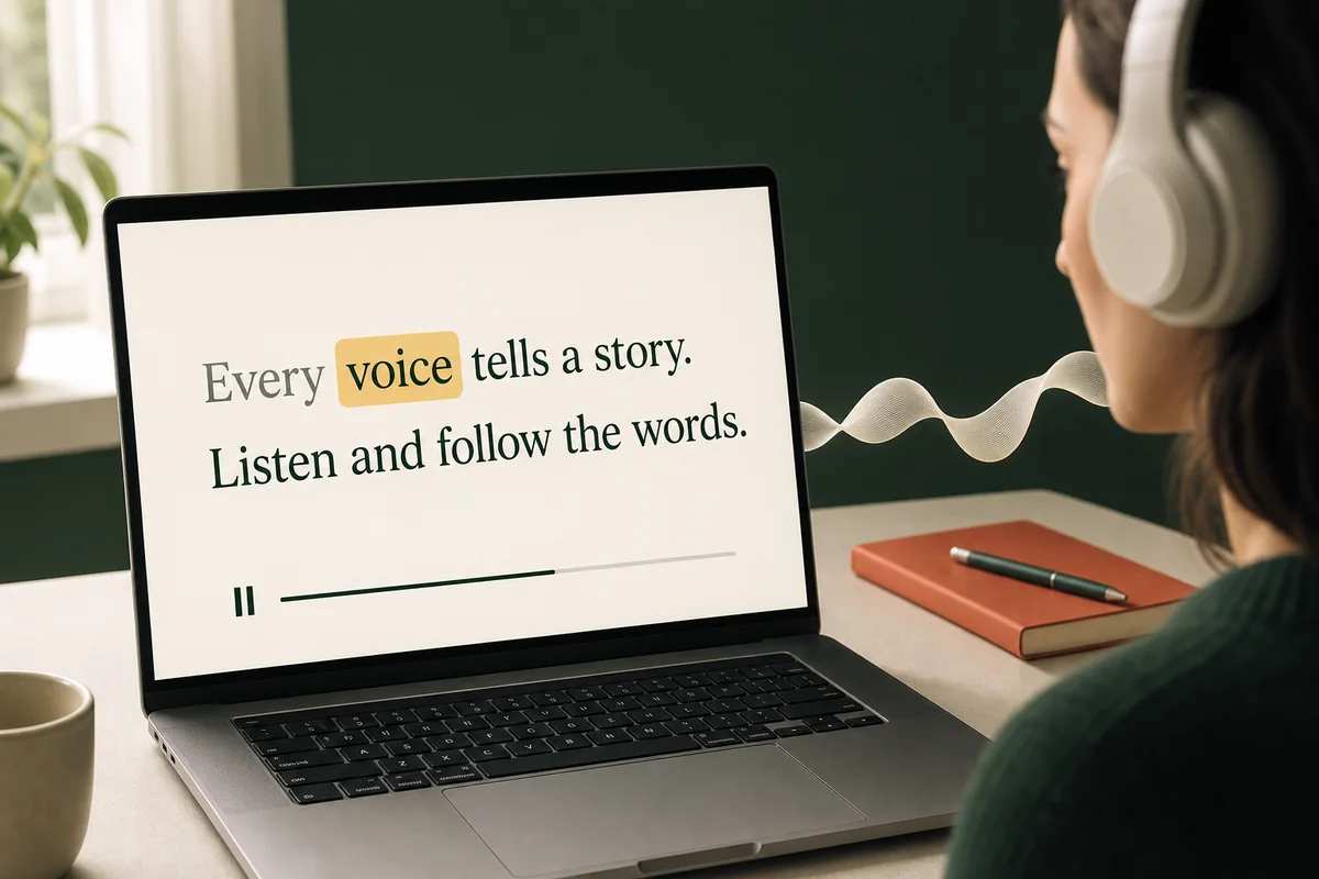 English text on a laptop with the current word voice highlighted in gold